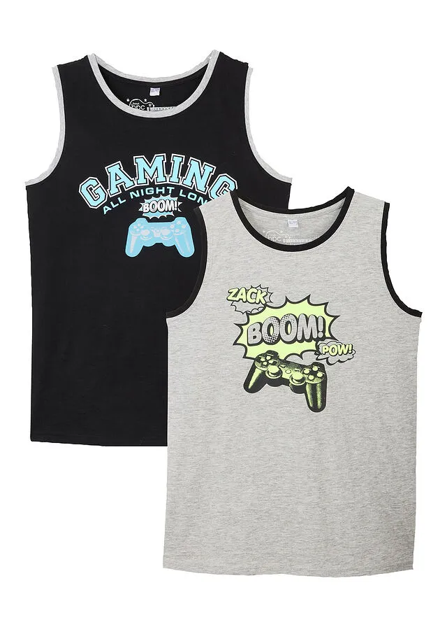 CAMISETA SIN MANGAS PARA NIñOS DE ALGODóN ORGáNICO (2 UNIDADES) NEGROGRIS CLARO JASPEADO