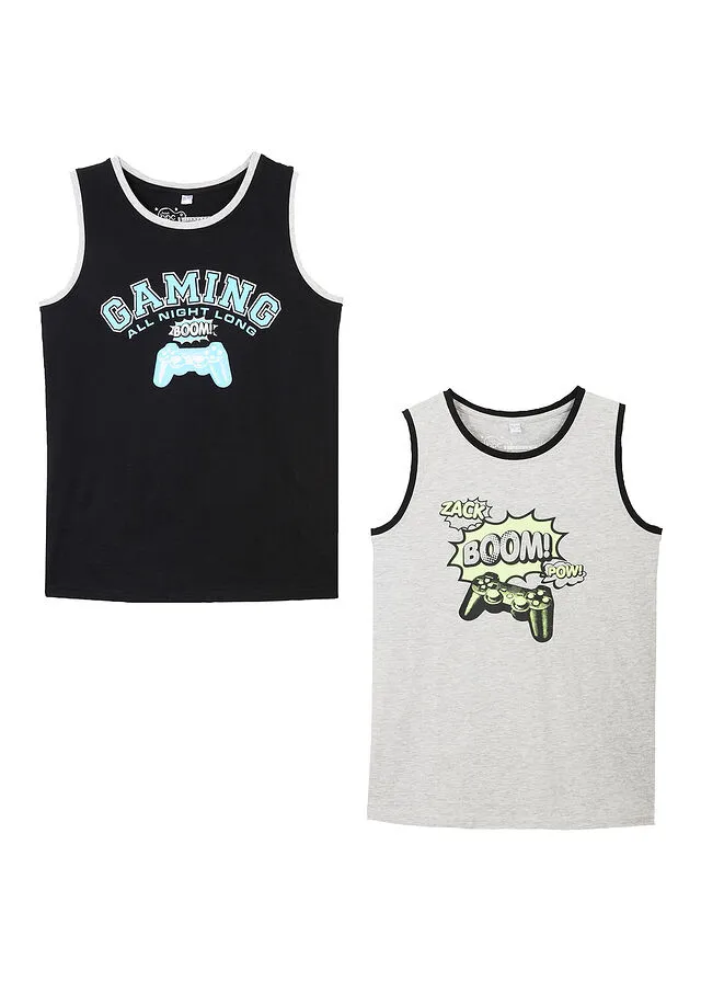 CAMISETA SIN MANGAS PARA NIñOS DE ALGODóN ORGáNICO (2 UNIDADES) NEGROGRIS CLARO JASPEADO