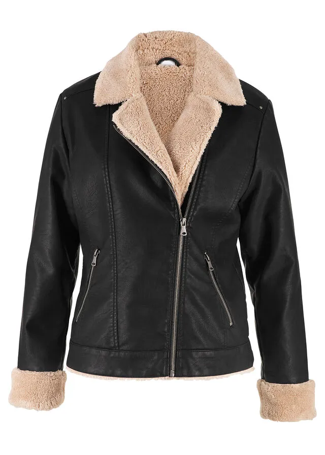 Chaqueta forrada de imitación de cuero Negro