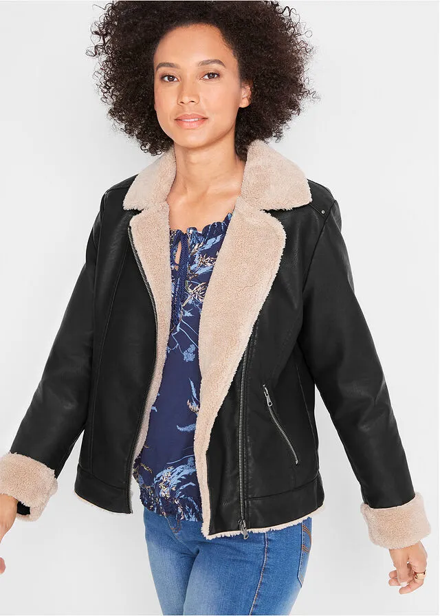 Chaqueta forrada de imitación de cuero Negro