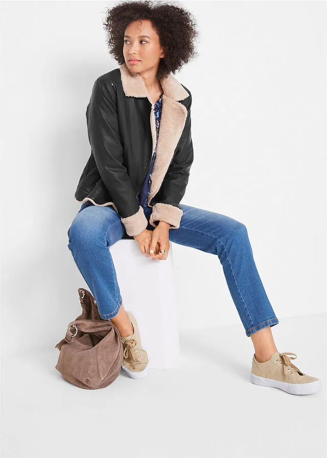 Chaqueta forrada de imitación de cuero Negro