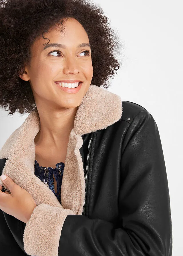 Chaqueta forrada de imitación de cuero Negro