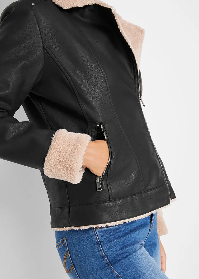 Chaqueta forrada de imitación de cuero Negro
