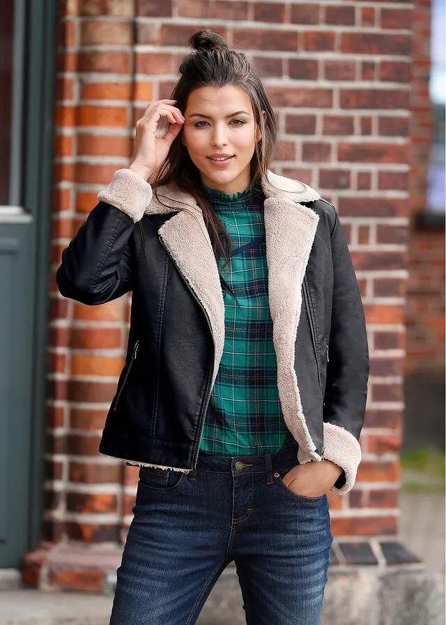 Chaqueta forrada de imitación de cuero Negro