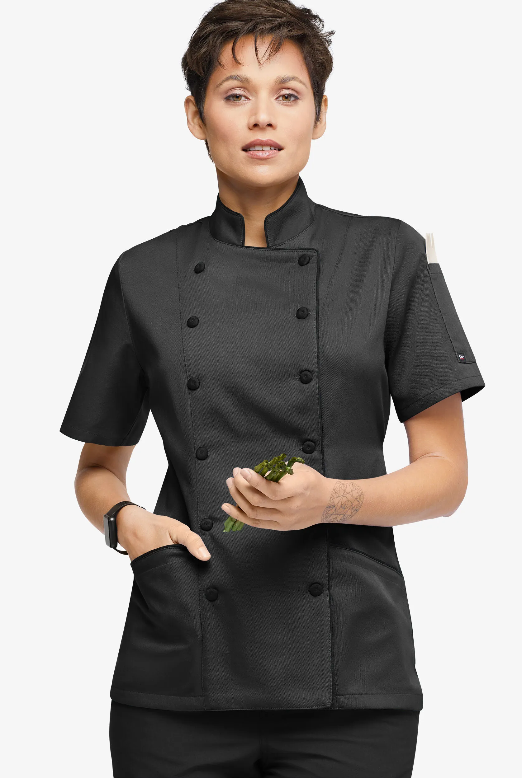 Chaqueta manga corta moderna de gastronomía con ribete y 3 bolsillos para mujer