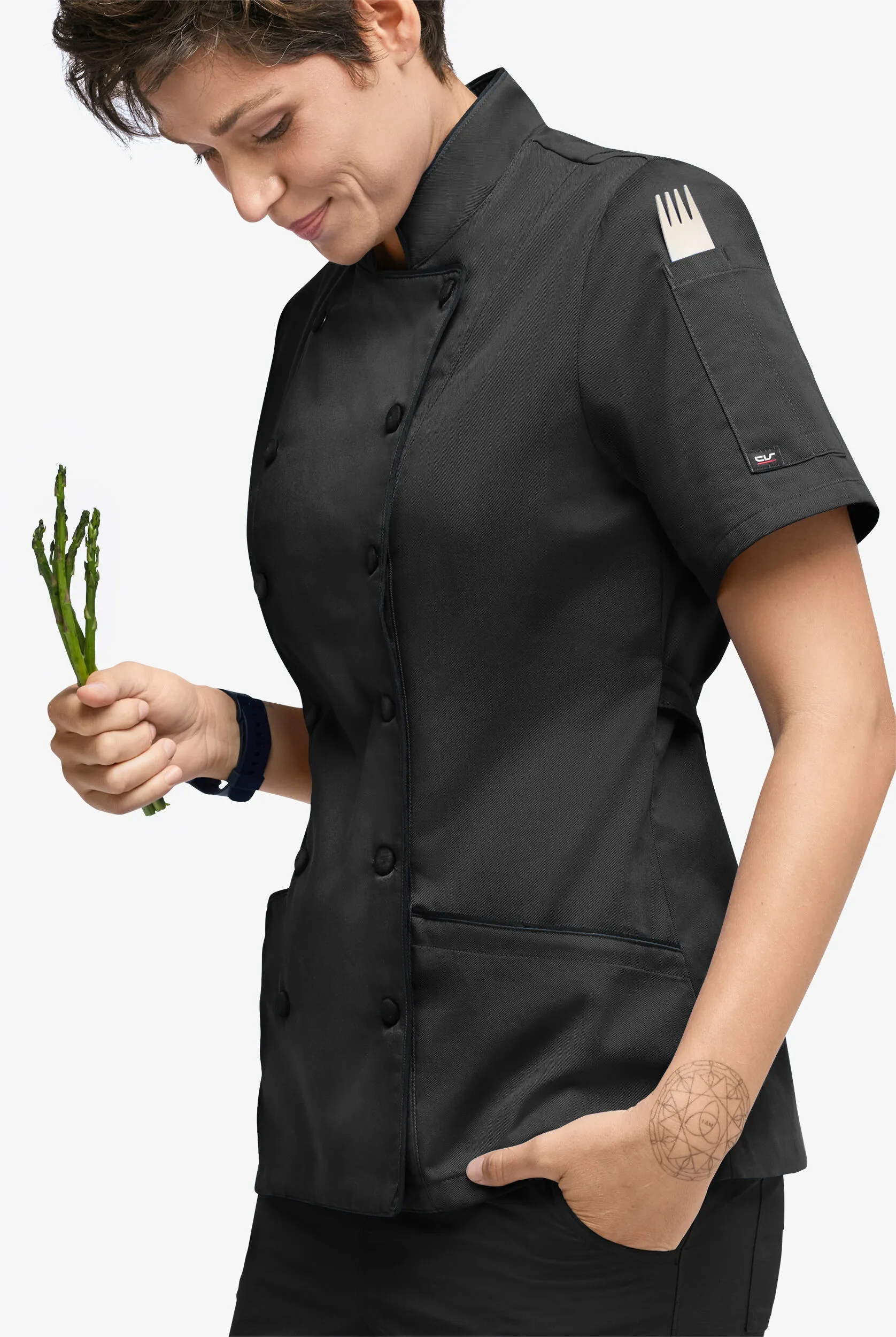 Chaqueta manga corta moderna de gastronomía con ribete y 3 bolsillos para mujer