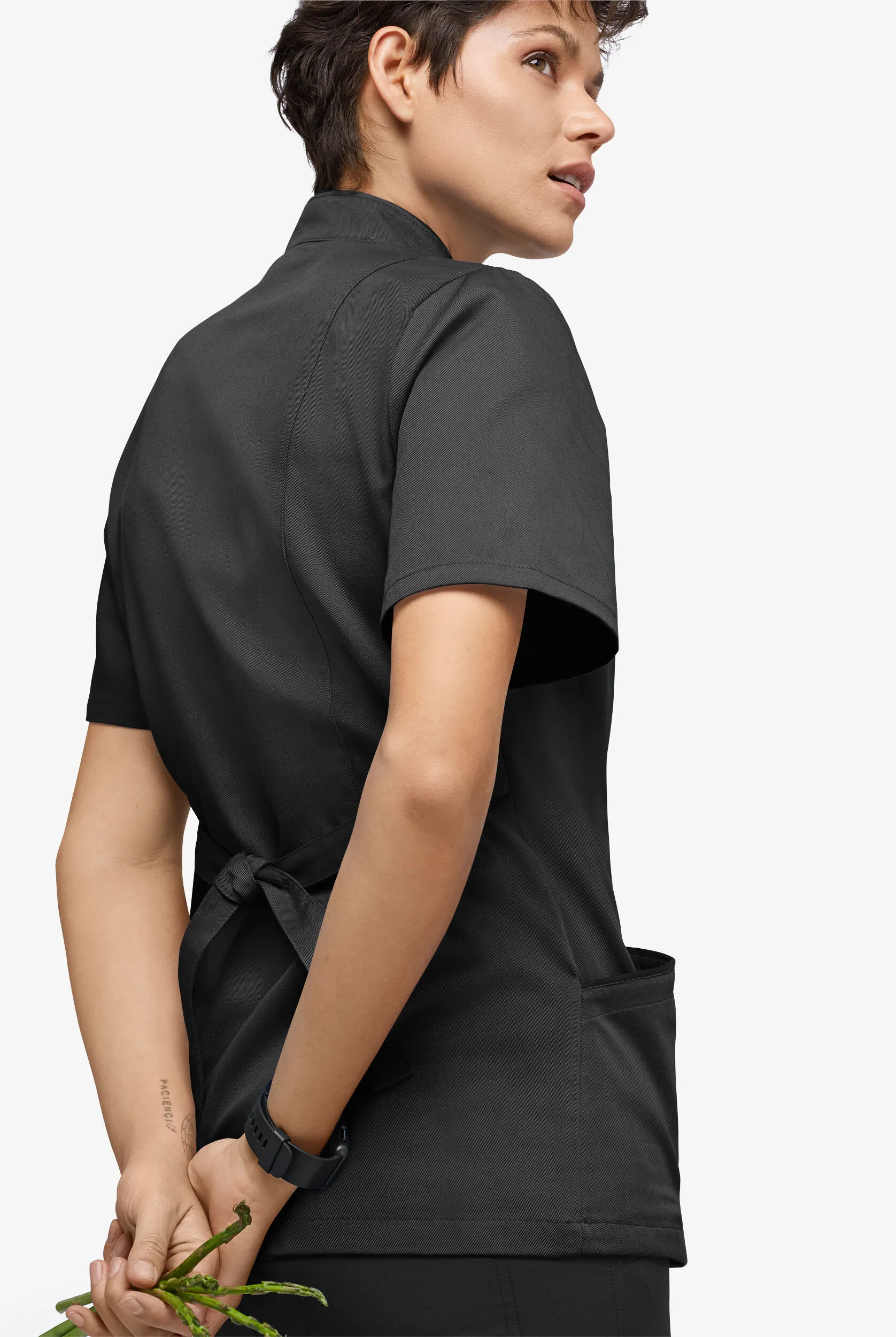 Chaqueta manga corta moderna de gastronomía con ribete y 3 bolsillos para mujer