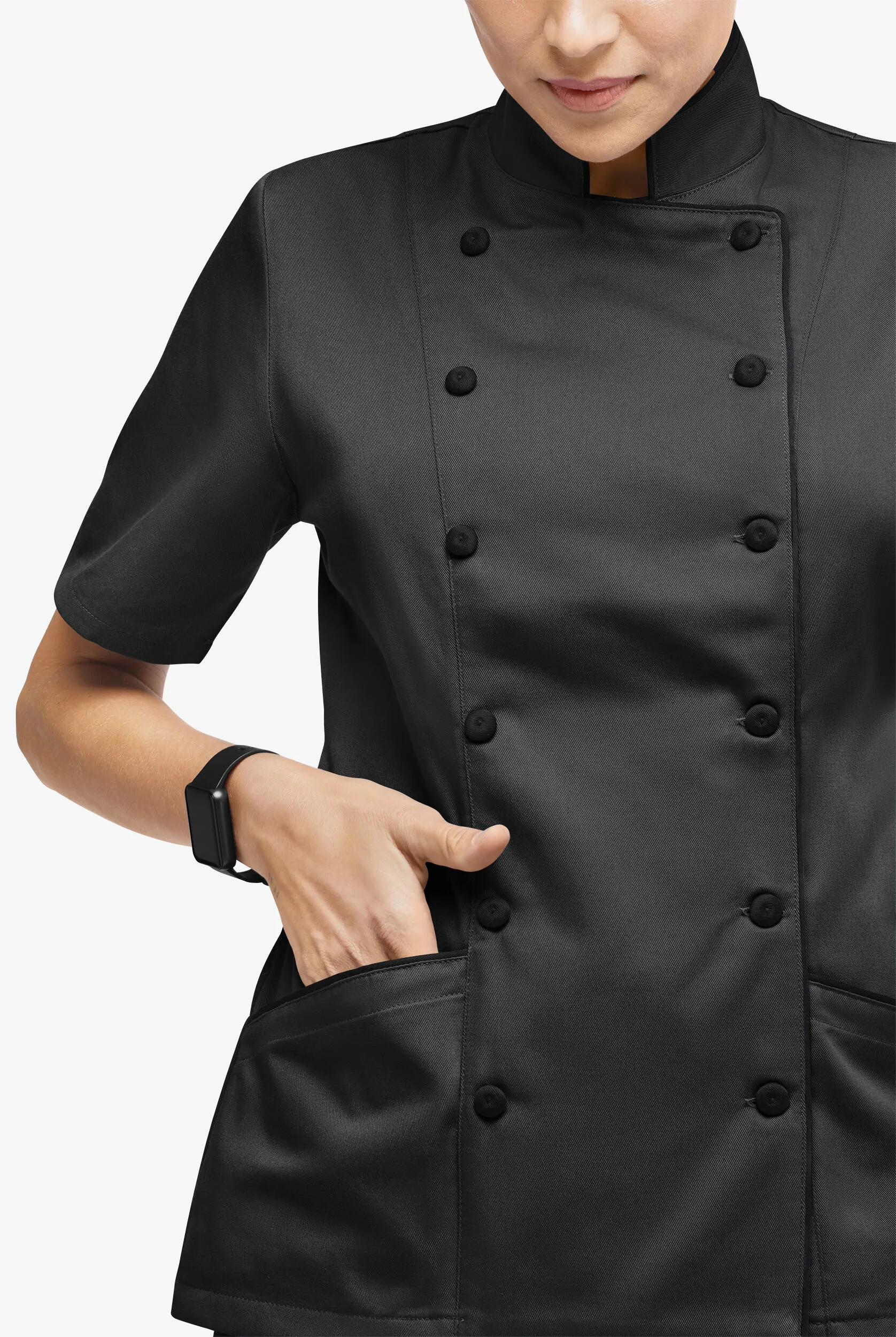 Chaqueta manga corta moderna de gastronomía con ribete y 3 bolsillos para mujer