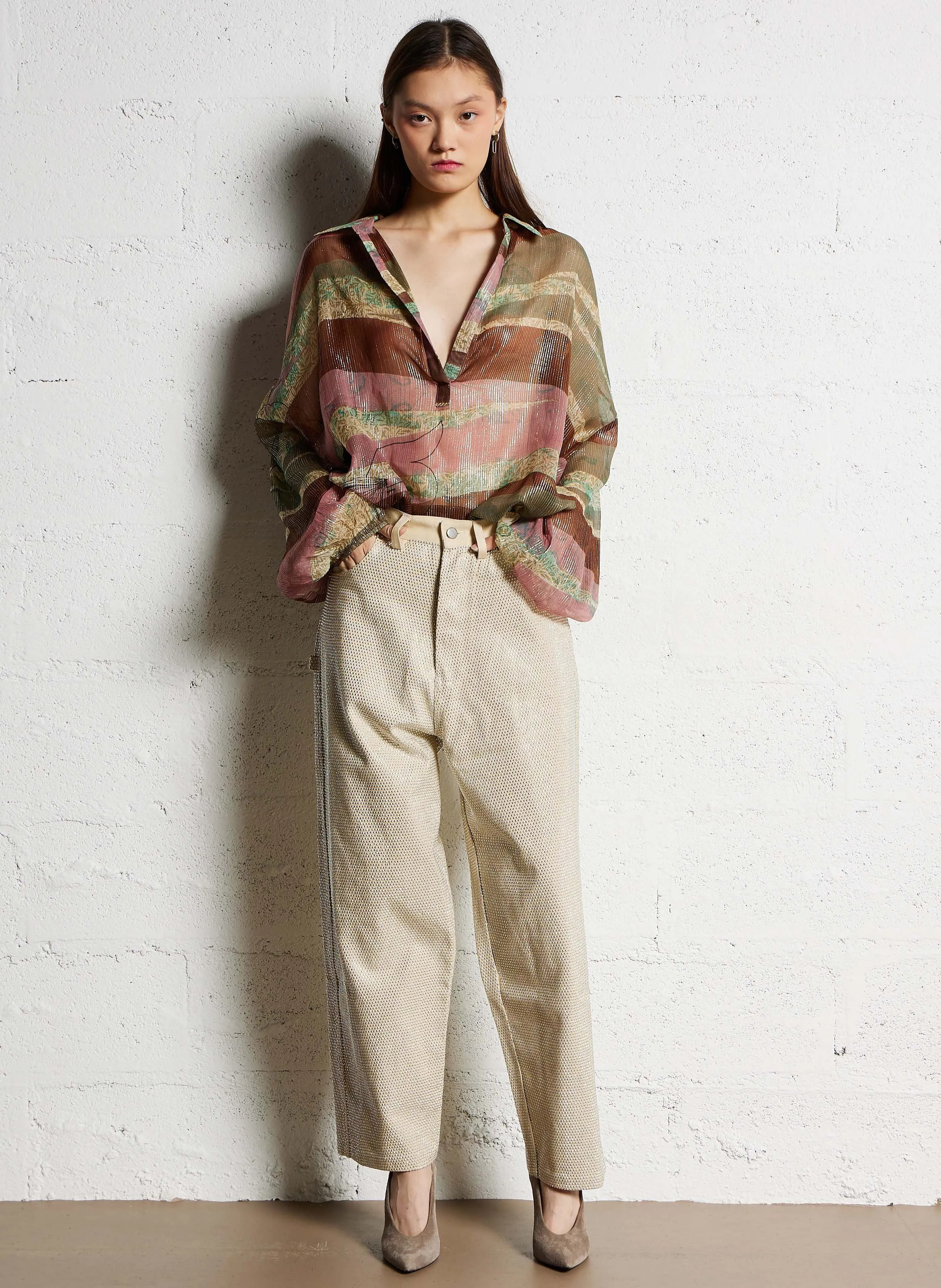 CREME  PANTALóN ANCHO DE MEZCLILLA Y PEDRERíA DE ALGODóN EN BEIGE