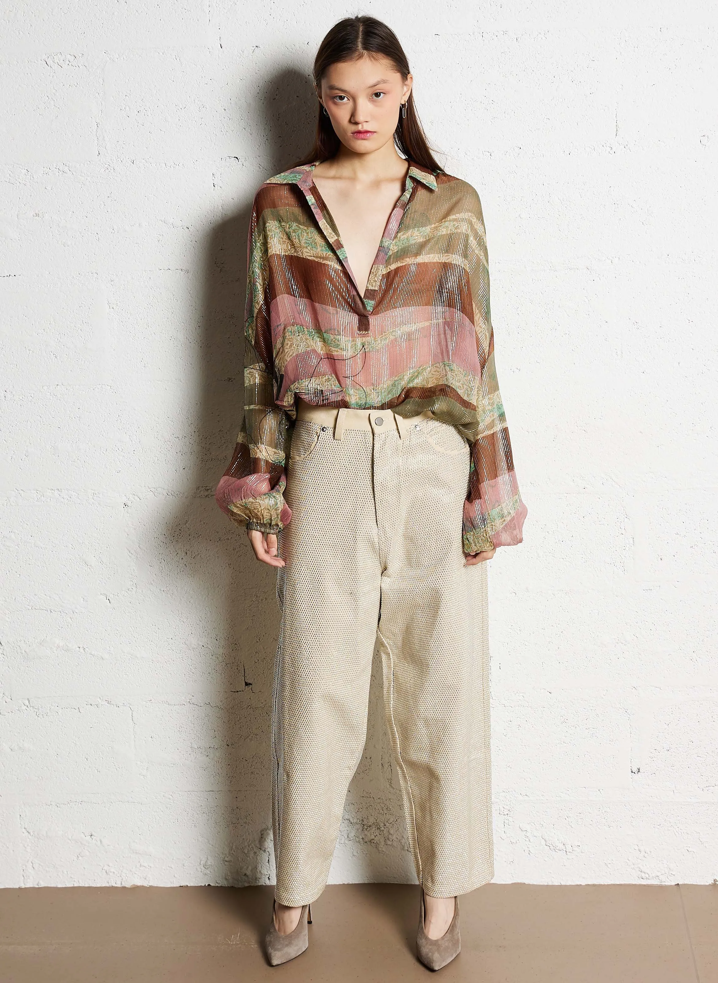 CREME  PANTALóN ANCHO DE MEZCLILLA Y PEDRERíA DE ALGODóN EN BEIGE