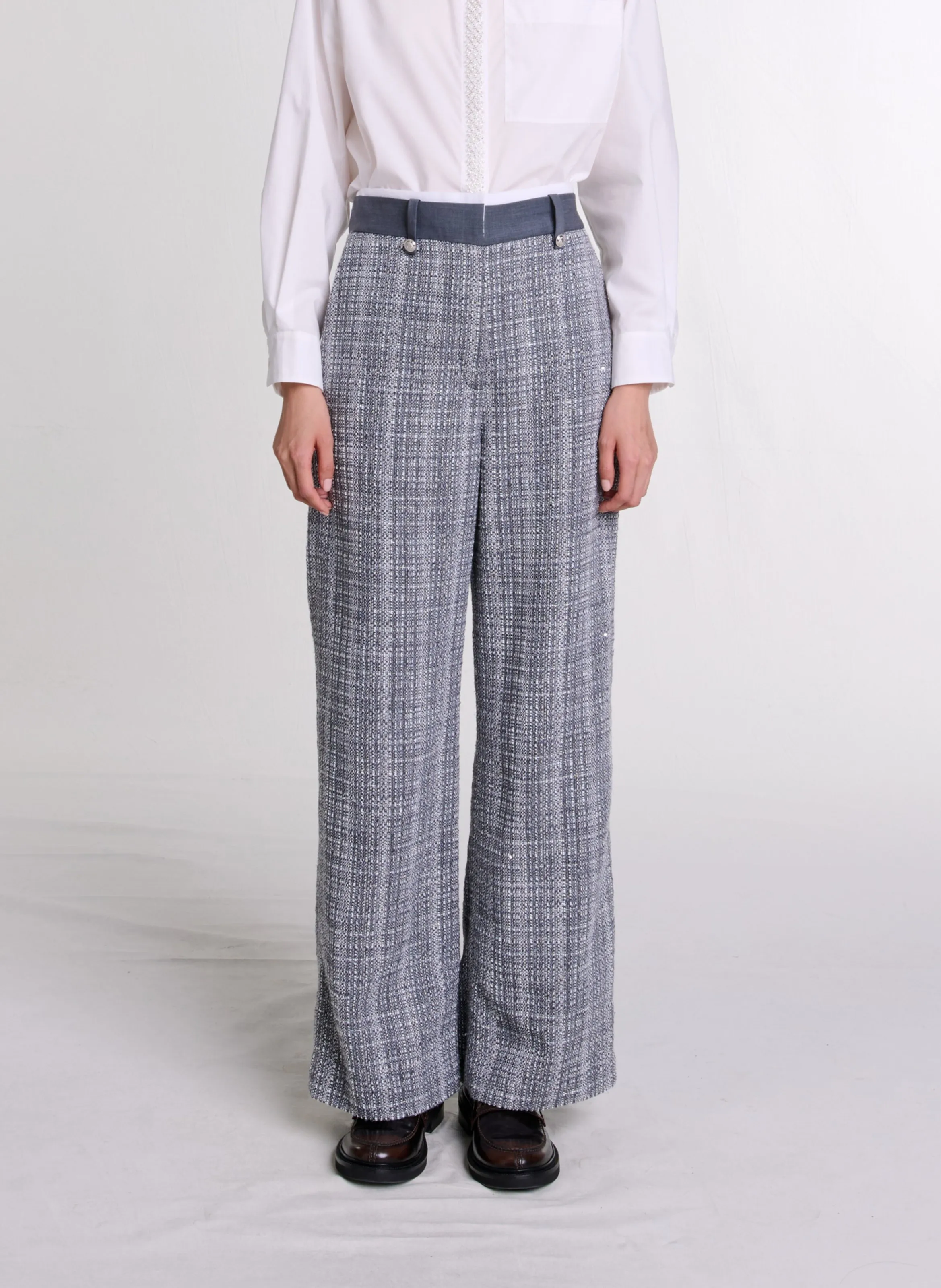 MAJE Pantalón ancho de tweed de talle alto en gris
