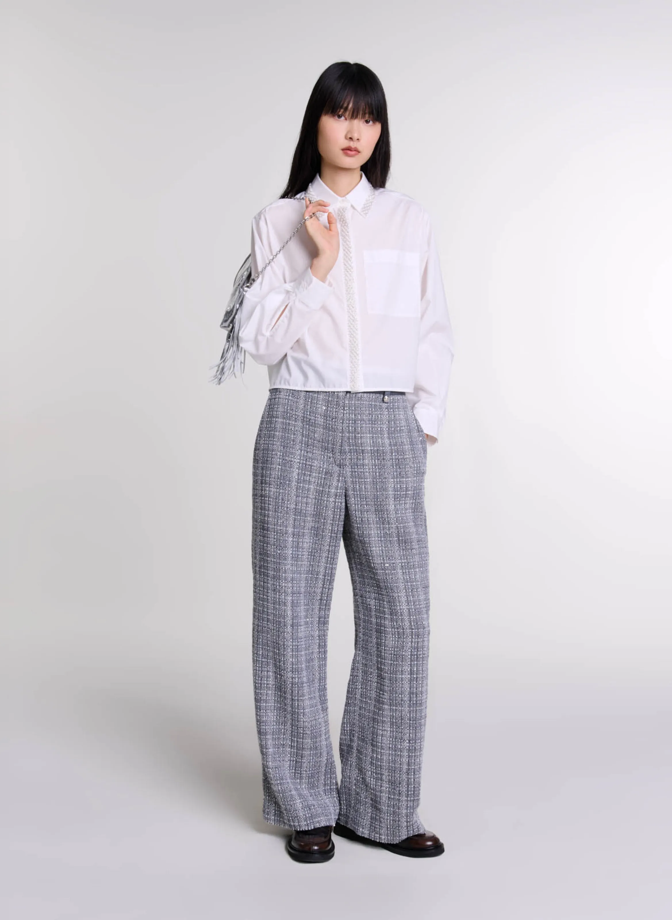 MAJE Pantalón ancho de tweed de talle alto en gris
