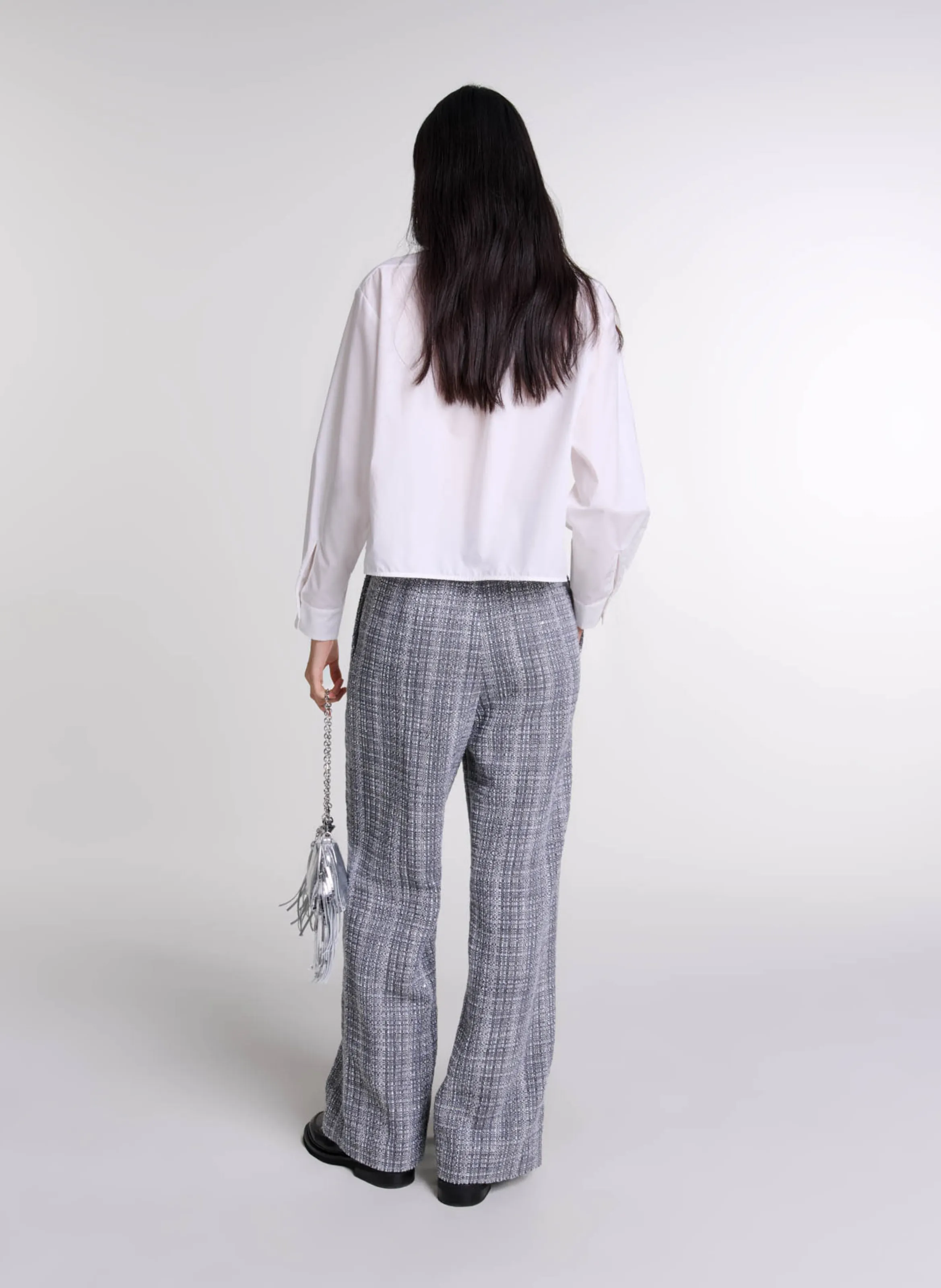 MAJE Pantalón ancho de tweed de talle alto en gris