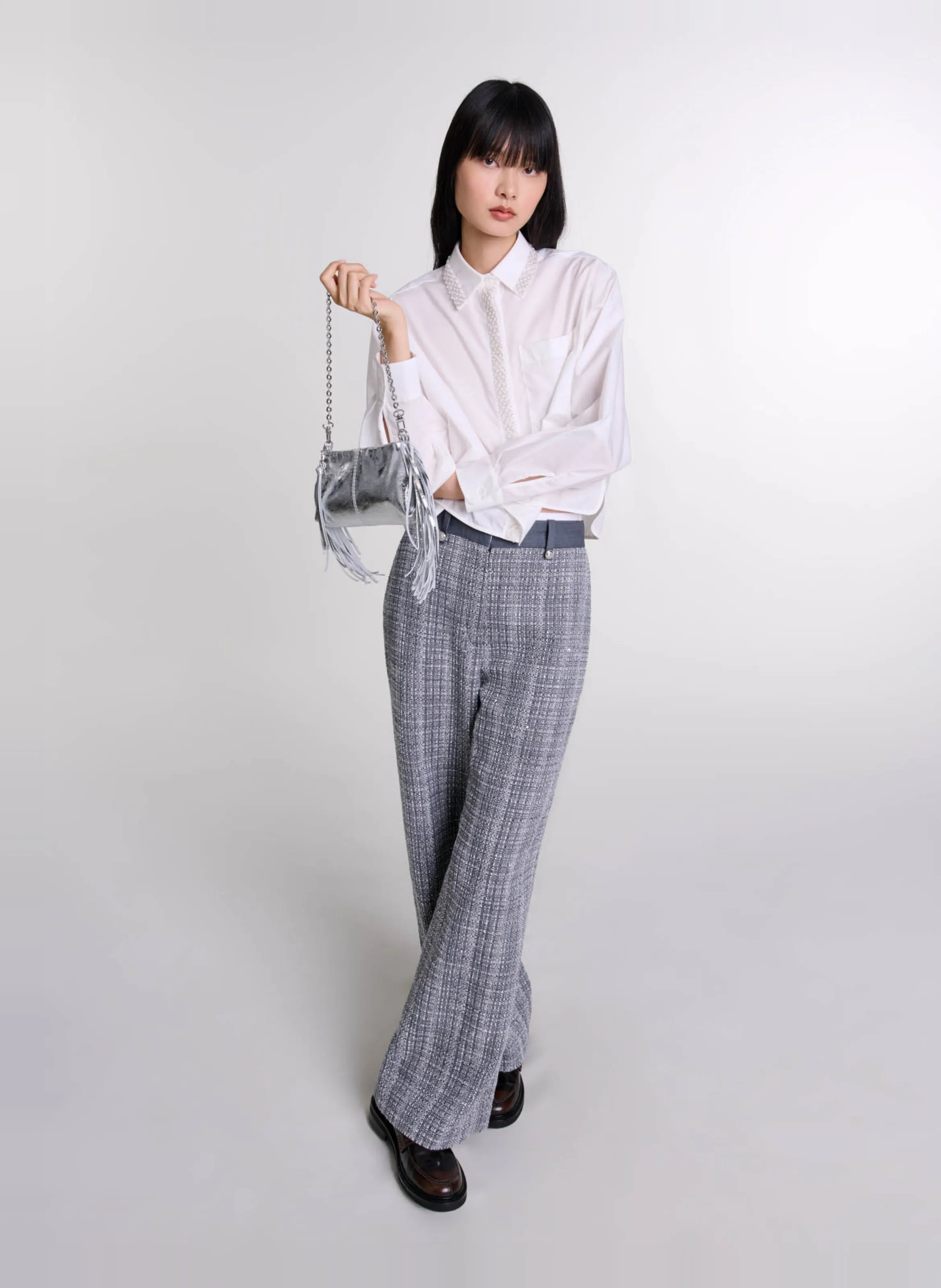 MAJE Pantalón ancho de tweed de talle alto en gris