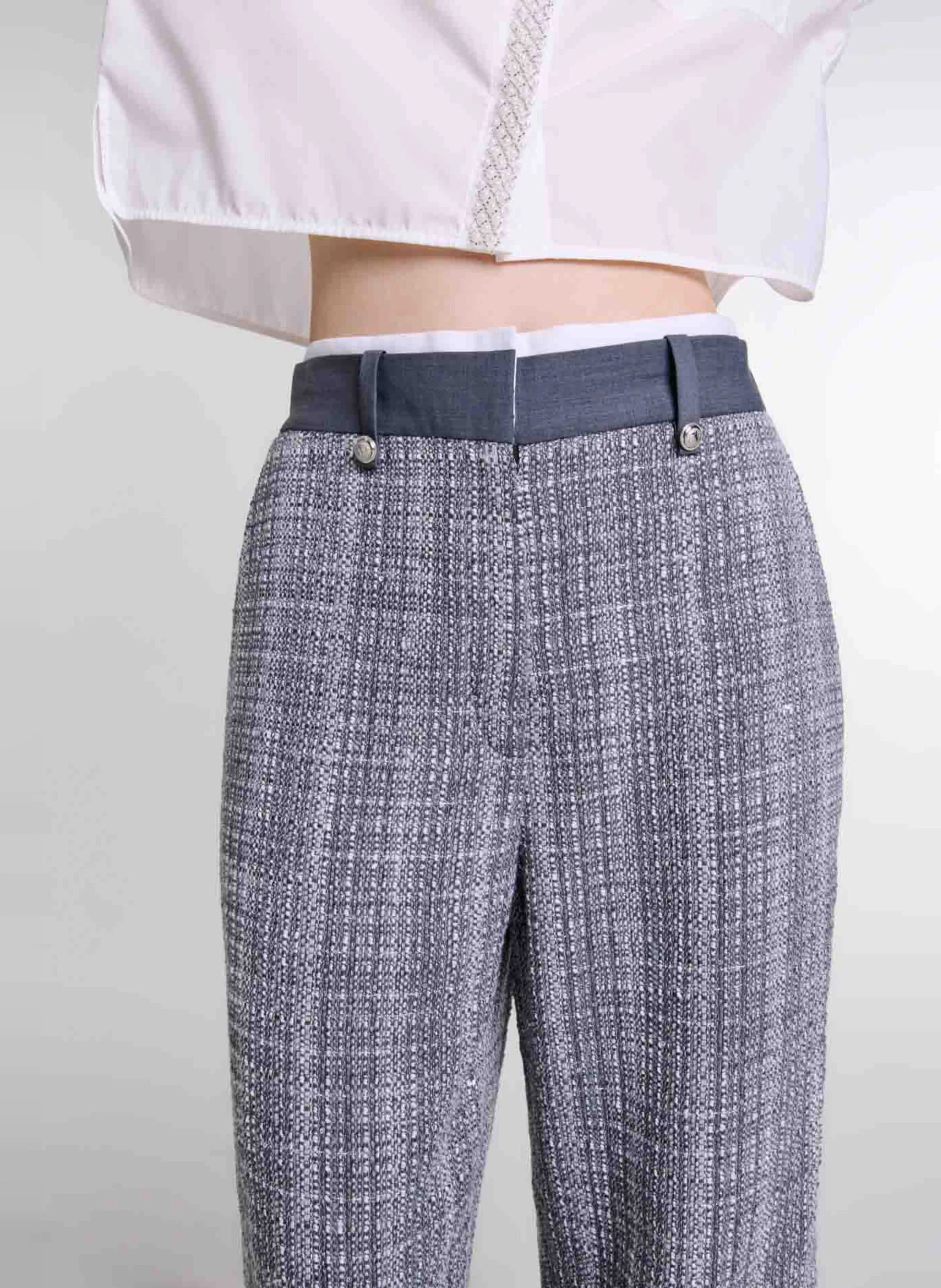 MAJE Pantalón ancho de tweed de talle alto en gris
