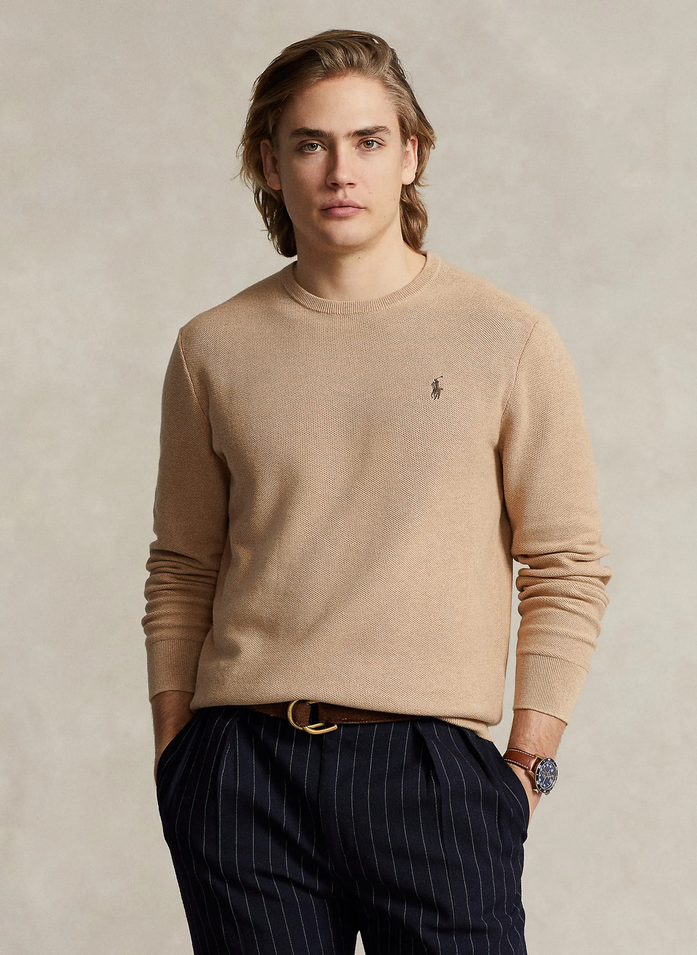 POLO RALPH LAUREN Jersey recto de mezcla de algodón con cuello redondo en marron
