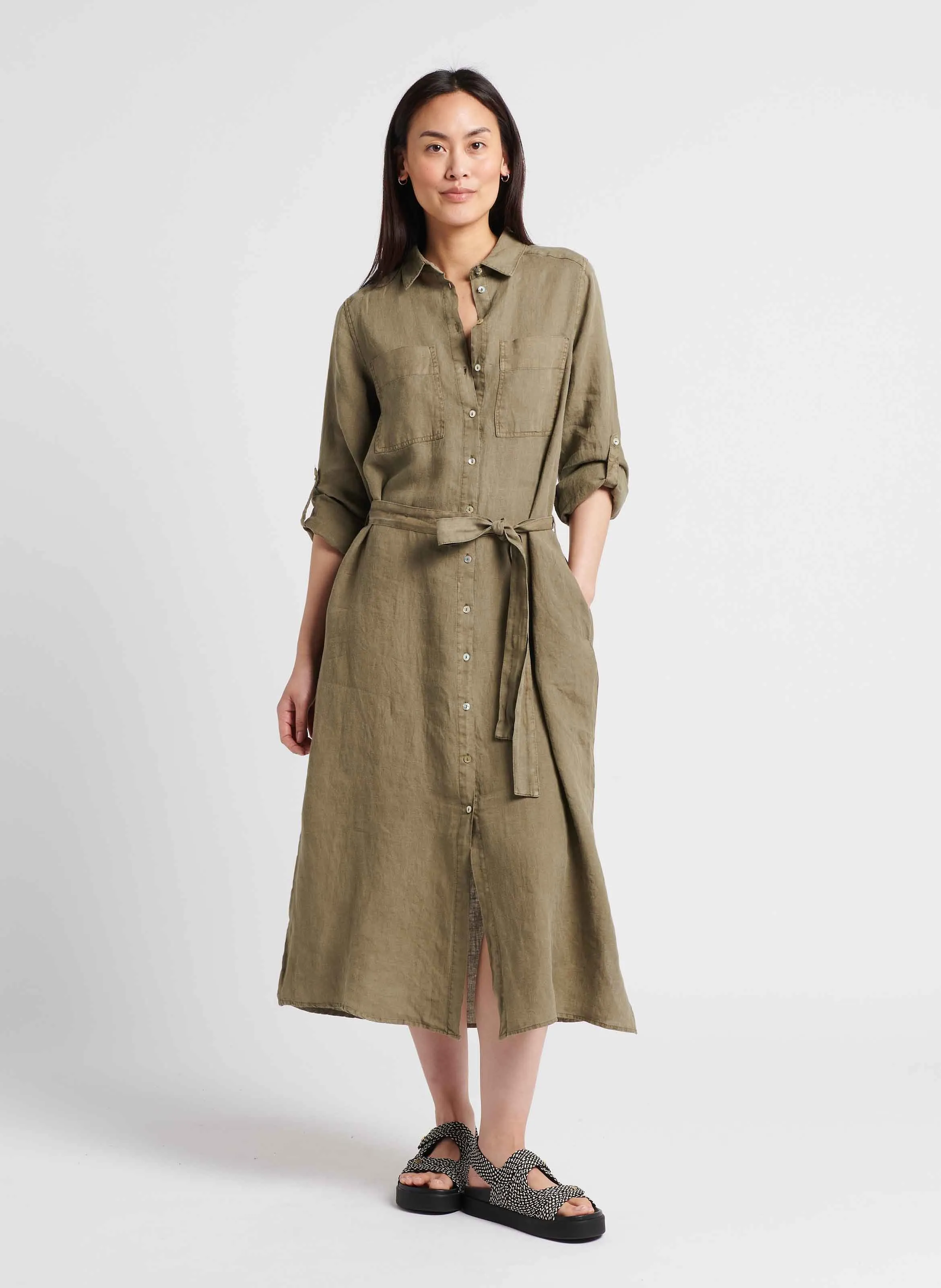 SUD EXPRESS ROSKALI  VESTIDO CAMISERO DE LINO CON CINTURóN  EN VERDE