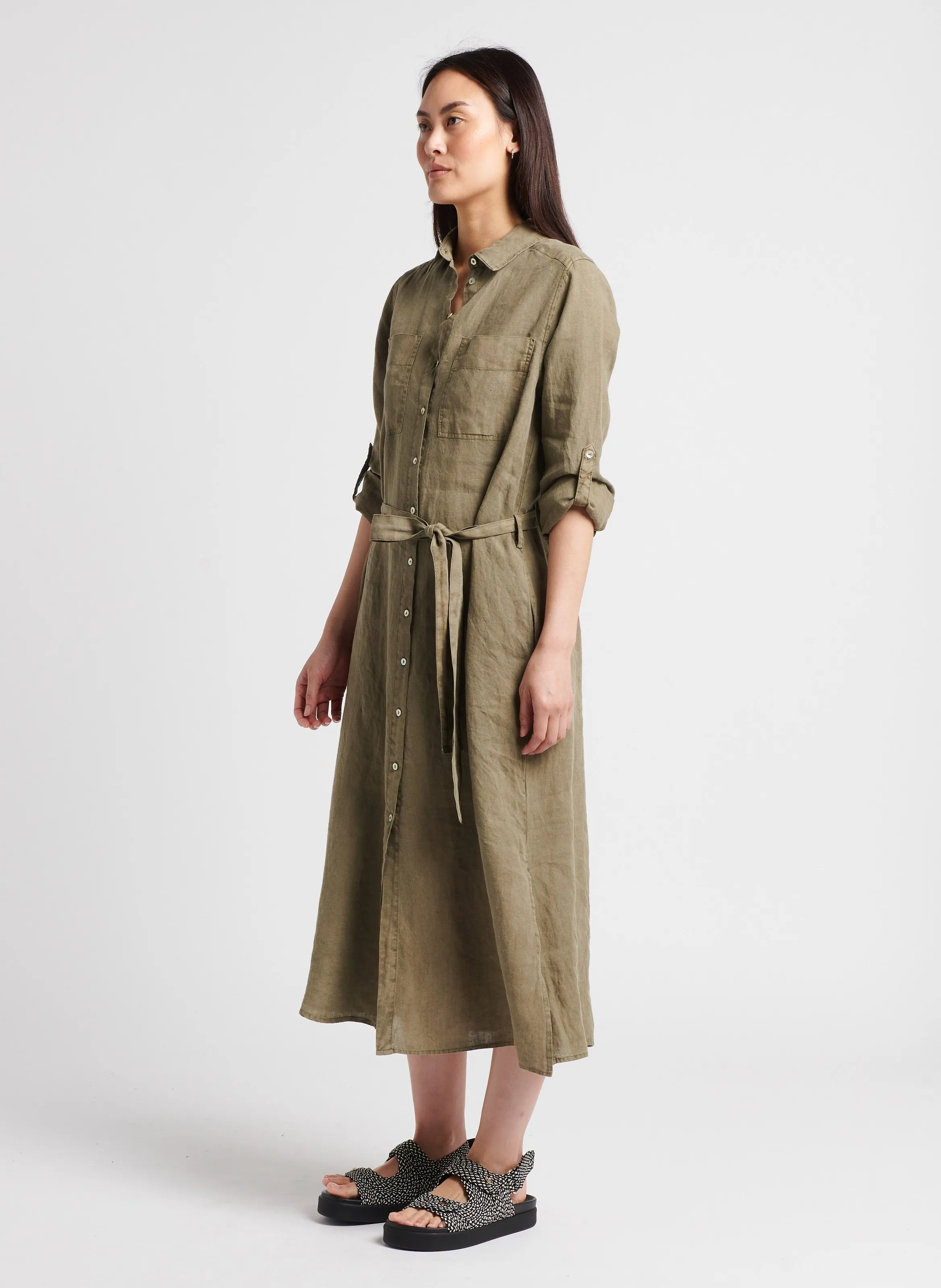 SUD EXPRESS ROSKALI  VESTIDO CAMISERO DE LINO CON CINTURóN  EN VERDE