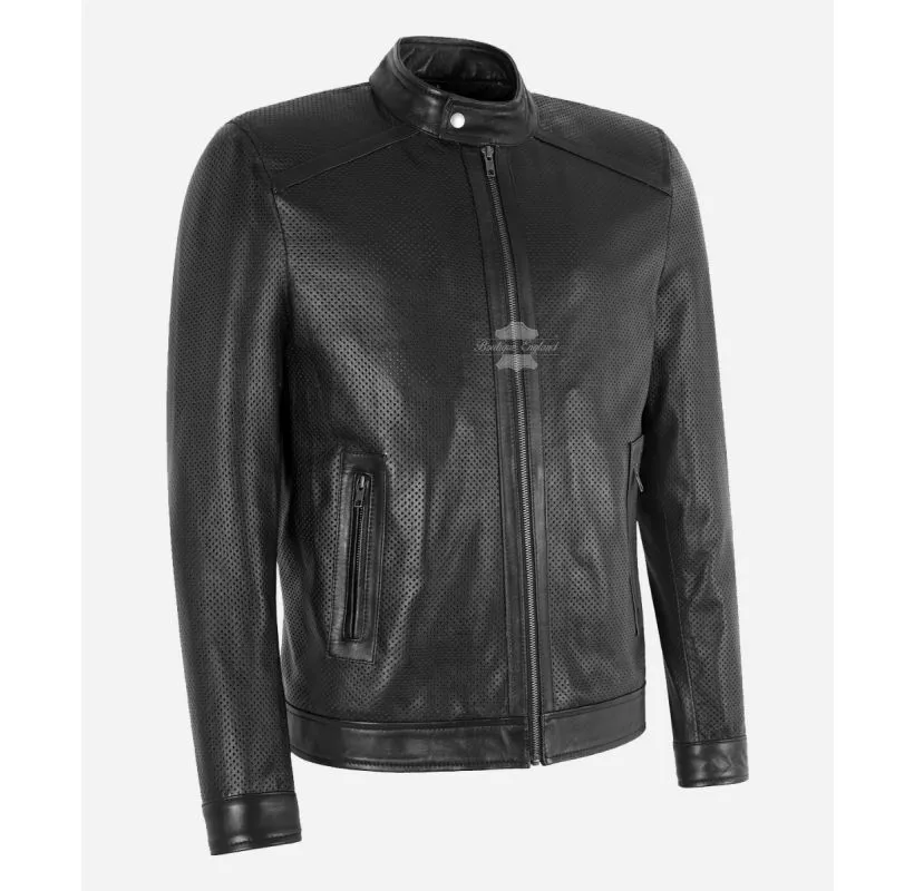 SUMMER Perforated Leather Jacket Men's Black Leather Jacket