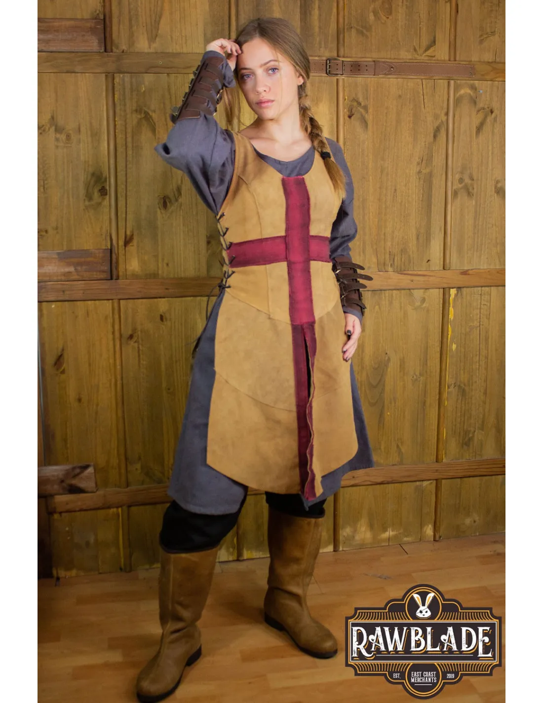 TABARDO MEDIEVAL DE LOS CRUZADOS PARA MUJER  MARRóN CLARO Y ROJO
