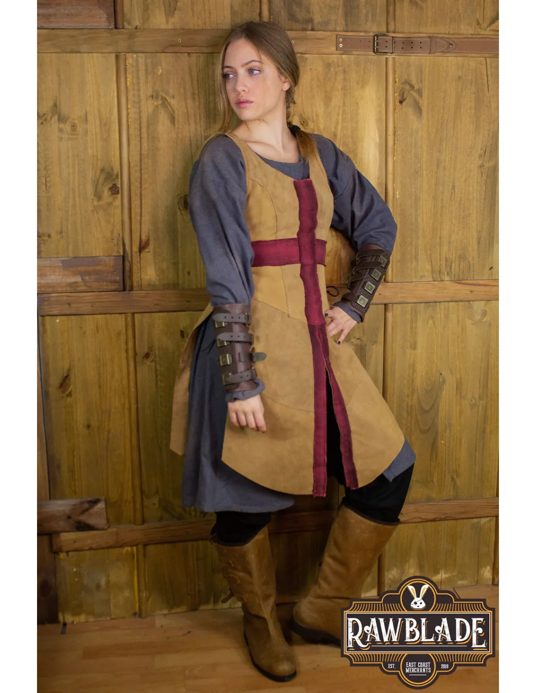 TABARDO MEDIEVAL DE LOS CRUZADOS PARA MUJER  MARRóN CLARO Y ROJO